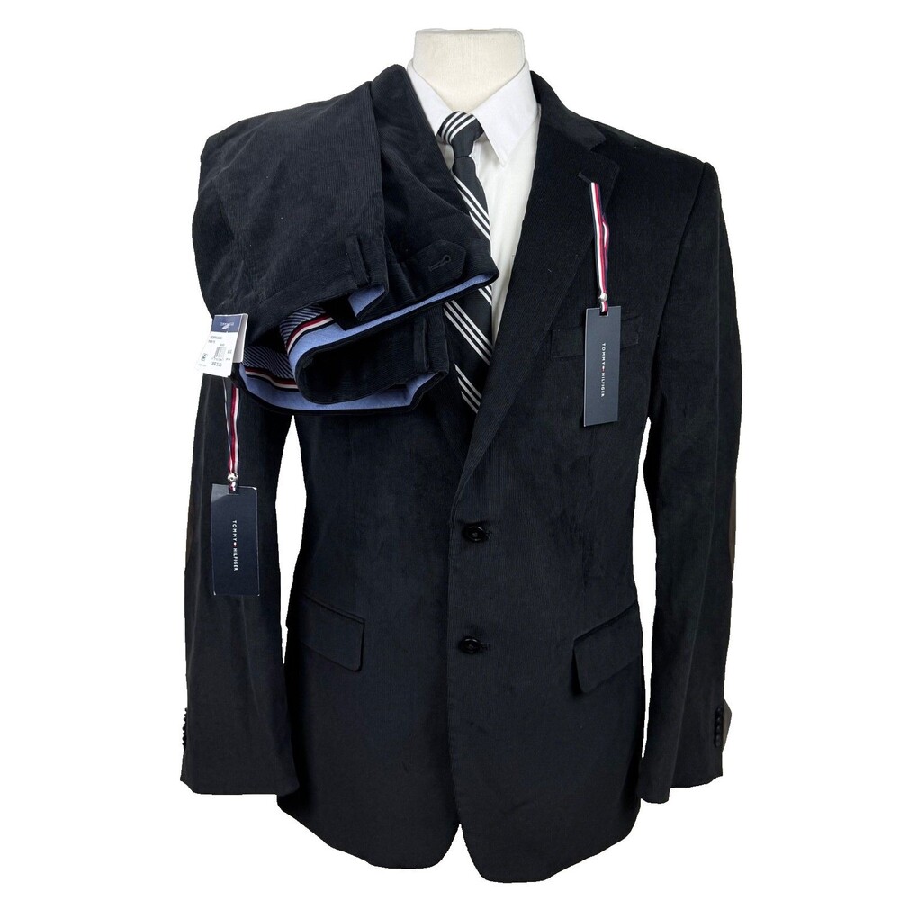 $390 NEW TOMMY HILFIGER MENS 38R BLACK 2 PIECE CORDUROY SUIT WITH PANTS 32X30